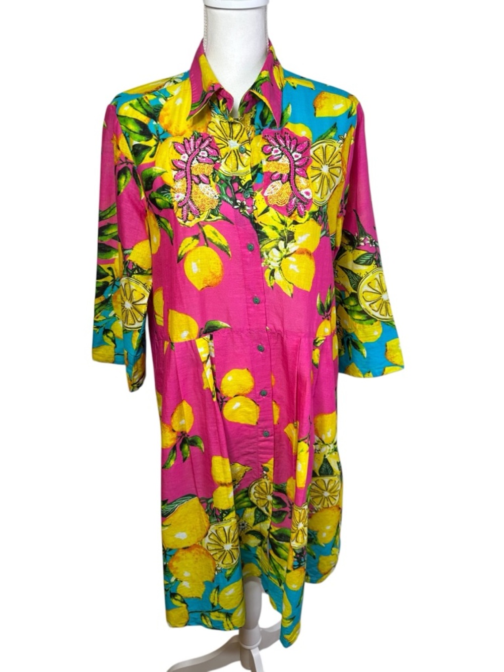 Antica Sartoria Positano Lemon Print Beaded Shirt Dress Pink Blue Cotton S/M
